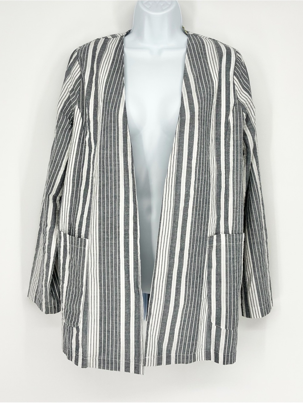 Umgee Gray White Striped Cotton Open Front Cardigan Jacket Blazer Pockets Size S